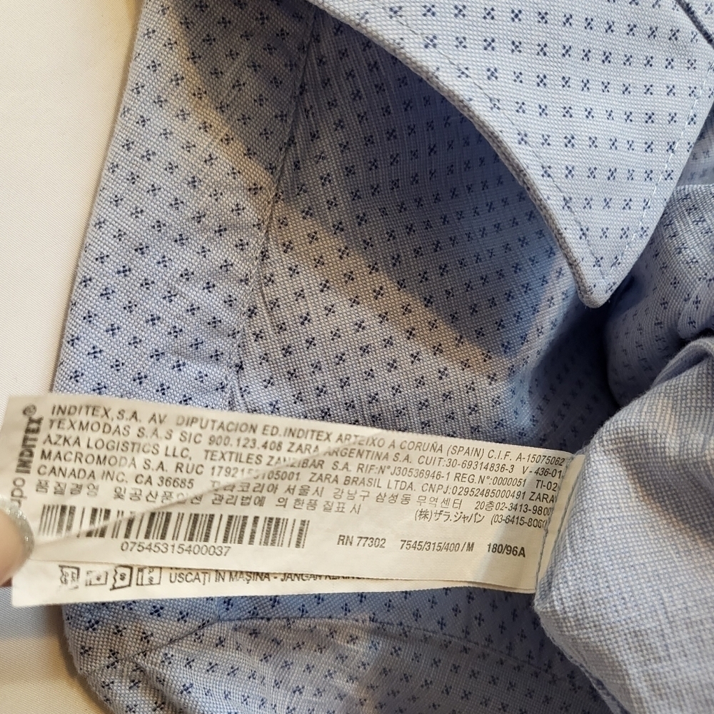 Zara Man slim cotton button down long sleeve collar  blue M medium pre-owned - Picture 8 of 8